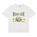 Rhude Retro Globe Badge Green Letter White Oversized T‑Shirt