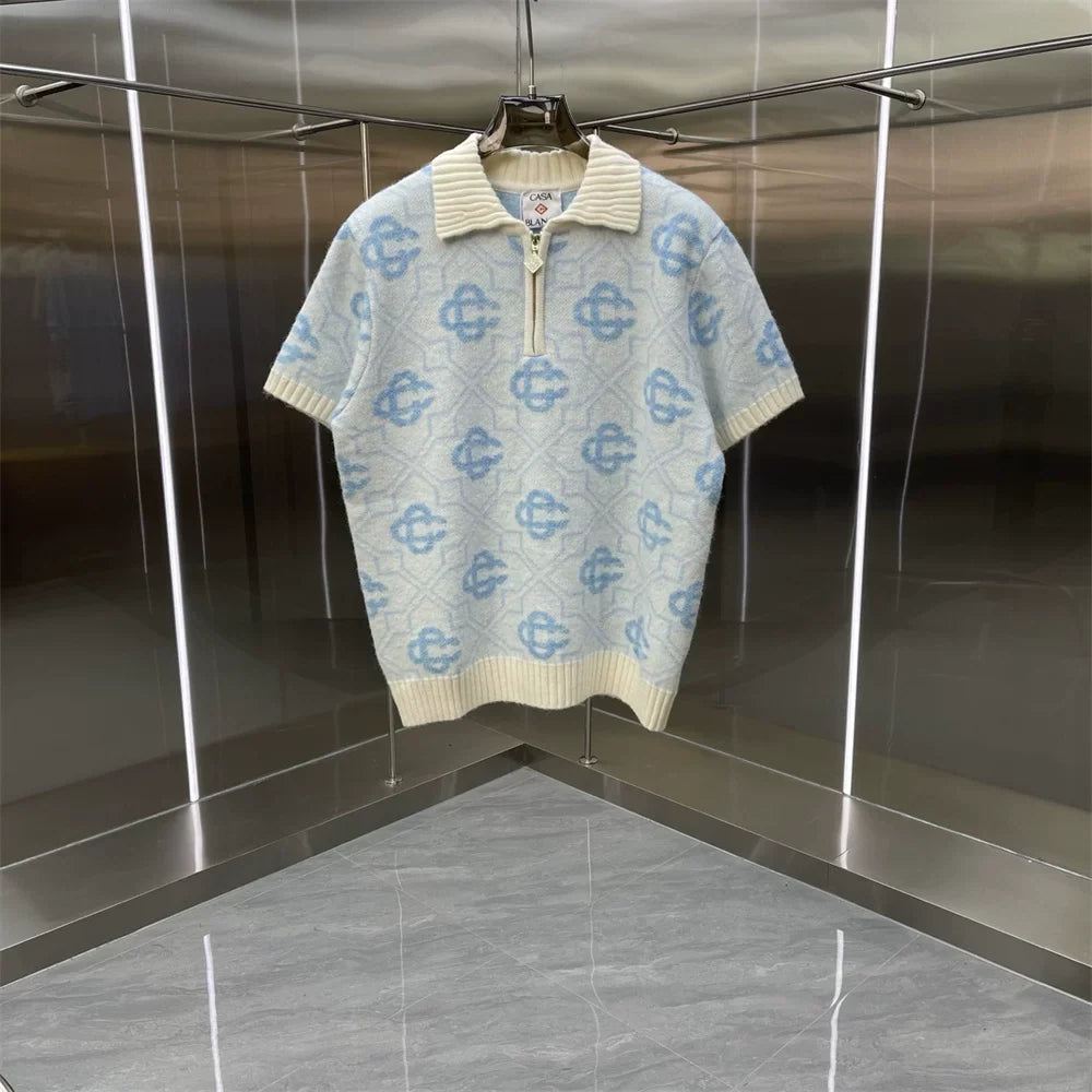 Casablanca Monogram Tile Knit Polo Shirt - Light Blue / Cream